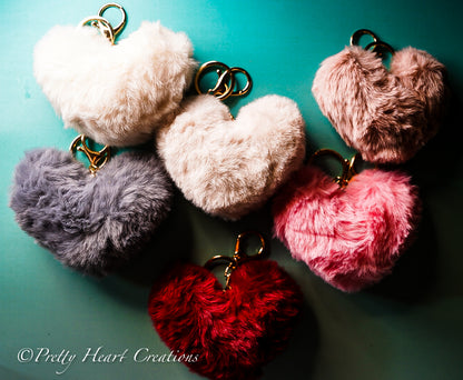 Soft Plush Heart Keychain - Faux Fur Pom Pom Bag Charm & Key Ring in 6 Colors.