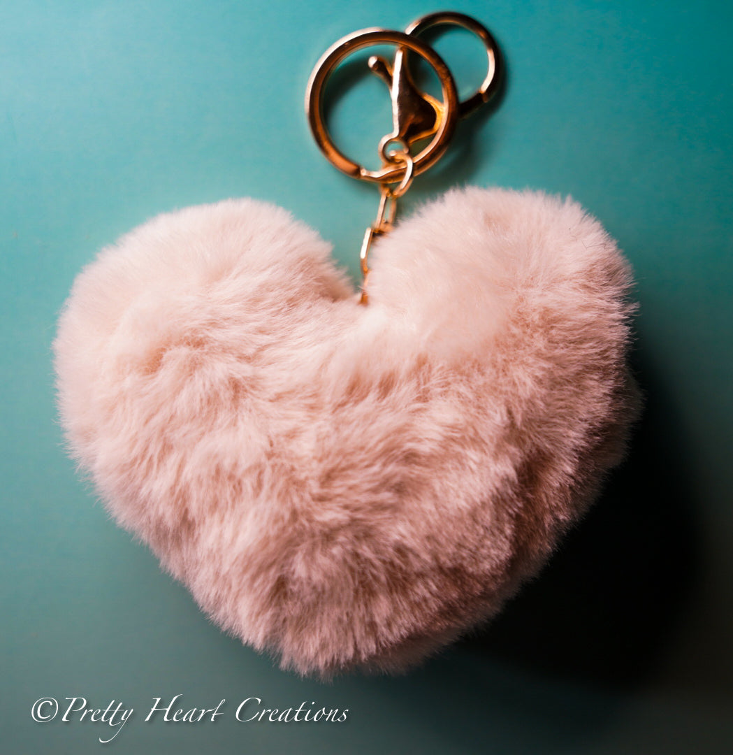 Soft Plush Heart Keychain - Faux Fur Pom Pom Bag Charm & Key Ring in 6 Colors.