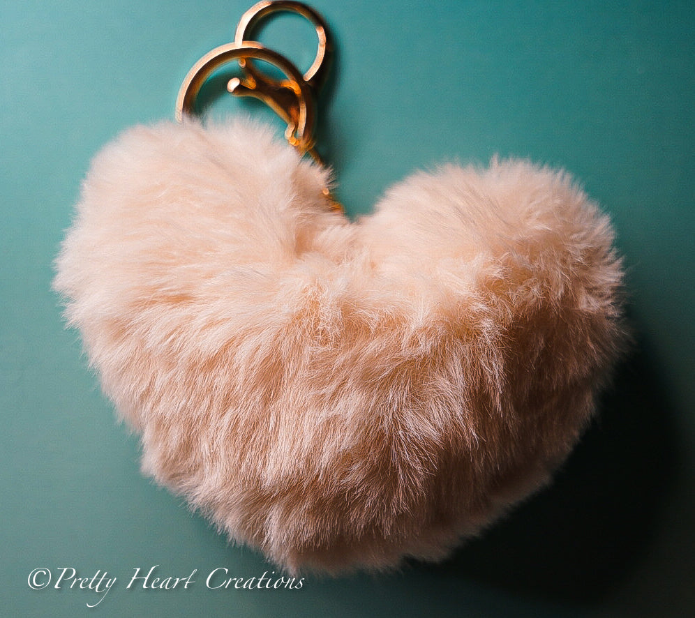 Soft Plush Heart Keychain - Faux Fur Pom Pom Bag Charm & Key Ring in 6 Colors.