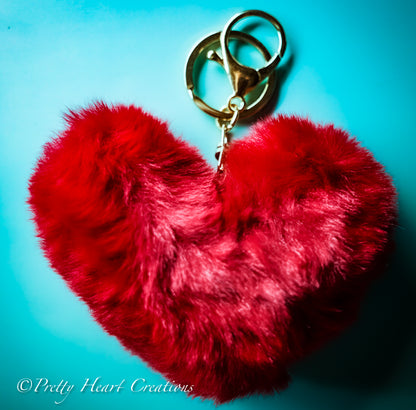 Soft Plush Heart Keychain - Faux Fur Pom Pom Bag Charm & Key Ring in 6 Colors.