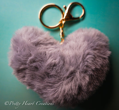 Soft Plush Heart Keychain - Faux Fur Pom Pom Bag Charm & Key Ring in 6 Colors.