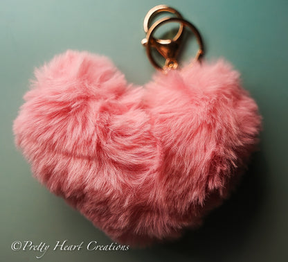 Soft Plush Heart Keychain - Faux Fur Pom Pom Bag Charm & Key Ring in 6 Colors.