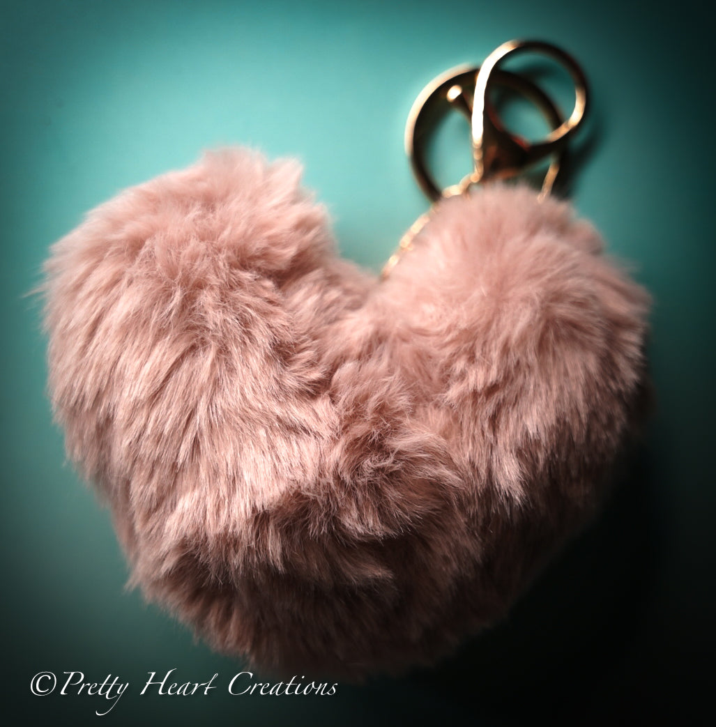 Soft Plush Heart Keychain - Faux Fur Pom Pom Bag Charm & Key Ring in 6 Colors.